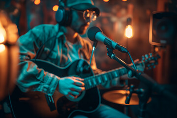 Obraz premium A hobbyist musician recording a cover song for their music channel.A man is performing with a guitar and singing into a microphone