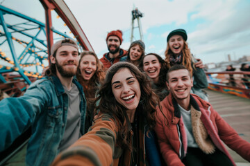 A group of friends recording a fun adventure vlog at an amusement park.Young people taking a selfie on a bridge under a cloudy sky