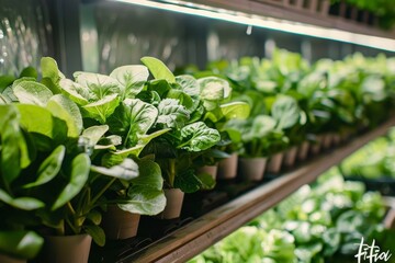 Modern hydroponic system with fresh green plants in a high tech agricultural setting emphasizing innovative farming methods and efficient resource use for sustainable food production.