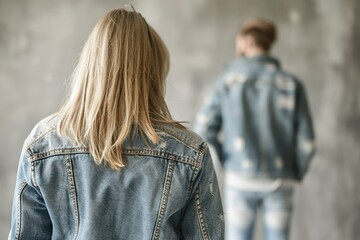 Fototapeta premium Back View of Two People in Denim Jackets