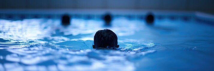 Child Swimming in Indoor Pool at Night, Focused on Water Ripples and Back of the Head