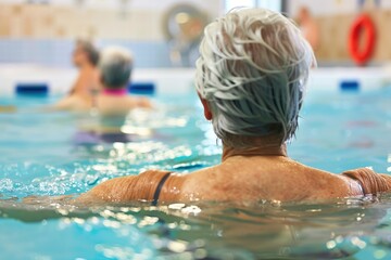 Senior Woman Swimming in Indoor Pool, Health and Wellness, Active Lifestyle of Elderly
