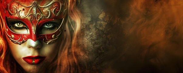 Mystical Woman in Red Mask with Intense Eyes and Fiery Background