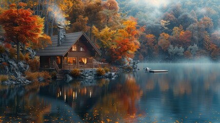 Fototapeta premium A serene lakeside cabin in autumn, with colorful foliage reflecting on the calm water and smoke rising from the chimney. 