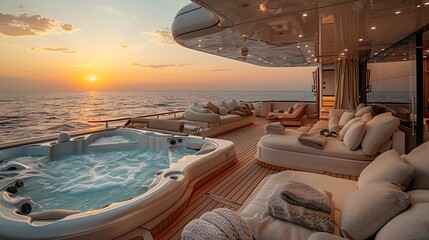 Fototapeta premium An elegant photograph of a luxury yacht deck at dawn, with plush sun loungers, a jacuzzi steaming with warm water, and the calm open sea reflecting the soft morning light, creating a serene and opulen