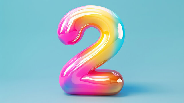 Colorful glossy number 2 two on a blue background, 3d render. Modern design and decoration concept