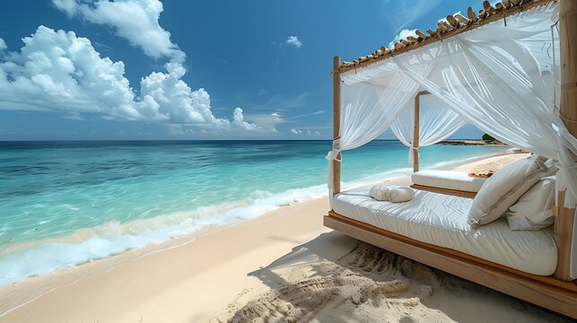 An elegant scene of a private beach cabana, featuring luxurious seating, a canopy bed with soft linens, and a butler service with gourmet treats, set against the serene and picturesque backdrop of a c