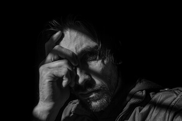 rostro de hombre pensativo en fondo negro 