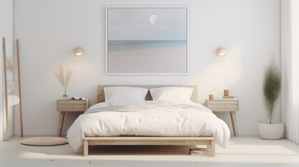 Fototapeta premium interior design of a modern minimalist bedroom in light gray tones, in Scandinavian style