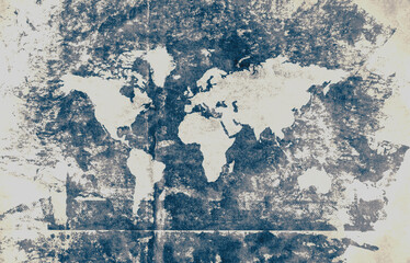 World map on old vintage rough paper. showing global issues of environment and political tensions. Continents and countries layered with paint and ink.