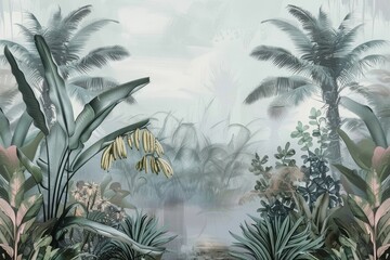 Tropical landscape wallpaper design in pastel tones, soft color, oil painting background, palm and banana trees, mural art, Generative AI