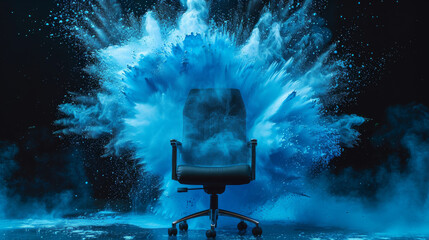 Fototapeta premium Office chair with blue paint explosion on black background, dynamic and vibrant concept