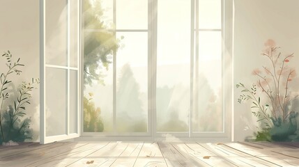Fototapeta premium A painting depicts a spacious room featuring a grand window and an authentic wooden floor hosting a flourishing plant