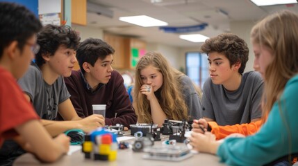 Obraz premium High School Students Collaborate on Robotics Projects During Peer Review Session for STEM Class