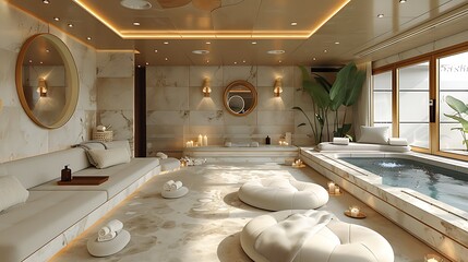 An opulent spa on a luxury cruise ship, featuring serene treatment rooms with elegant decor, a jacuzzi with ocean views, and ambient lighting creating a tranquil and luxurious atmosphere --ar 16:9 --v