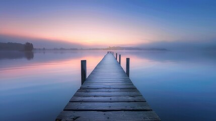 Fototapeta premium Wooden Dock Extending into a Foggy Lake at Sunrise