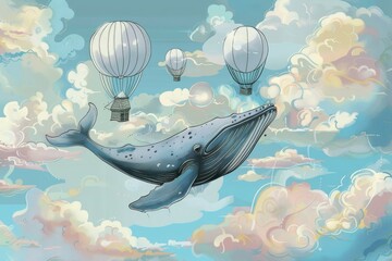 Children wallpaper. Whale in the sky with air balloons. Illustration of clouds on a blue background. Beautifully painted sky. Drawn book illustration, Generative AI