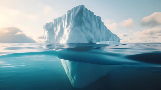 Amazing white iceberg floats in the ocean and half underwater, View underwater	