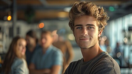 Naklejka premium Confidently Cool: A young man with tousled blonde hair and piercing blue eyes exudes confidence and charm, his smile radiating warmth and approachability. The blurred background suggests a bustling so