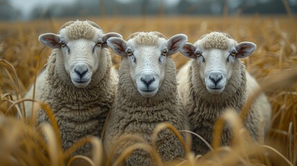 Fototapeta premium Three sheep in a field of dry grass, close-up view. Nature and rural concept