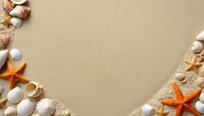 Various sea treasures including orange starfish and diverse shells, neatly displayed on a sandy surface, ideal for a summer or coastal scene, with space for text