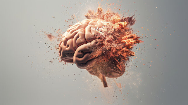 Human brain exploding with dust and particles, conceptual image