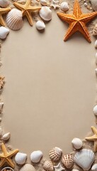 Obraz premium A collection of vibrant starfish and assorted seashells arranged artfully on sandy ground, perfect for a beach-themed backdrop, with space for text