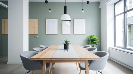 Bright and airy meeting space with wooden table, grey chairs, and light green walls, large windows, more clarity with clear light and sharp focus, high detailed