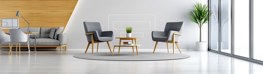 Modern office space with light wooden furniture, grey chairs, soft pastel yellow walls, and large windows, more clarity with clear light and sharp focus, high detailed