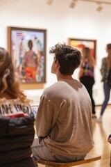 Obraz premium Students Observing Live Art Demonstration in Gallery - Educational Field Trip Experience