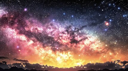 Fototapeta premium A sky filled with countless stars, an orange-blue cloud adorned with stars above it