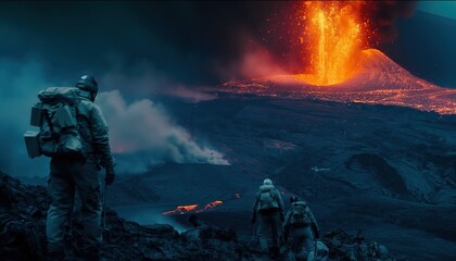Obraz premium Adventurers Witnessing a Volcanic Eruption: Exploring the Fiery Landscape