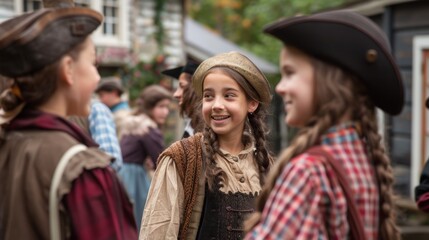 Obraz premium Historical Village Field Trip with Students Learning and Interacting with Period Actors