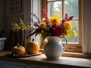 A bouquet of fresh colorful garden flowers such as sunflower and lavender arranged in a ceramic vase on a kitchen table on an autumn day