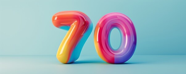 Colorful glossy number 70 on a blue background, 3d rendering. Celebration and anniversary concept