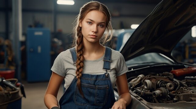 A woman mechanic holding a wrench in a car repair shop working on a vehicle