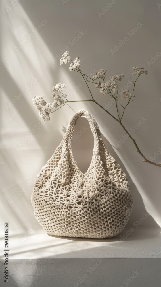 Wall mural handmade crochet bag with flowers on white background, artistic composition. craftsmanship and boho 