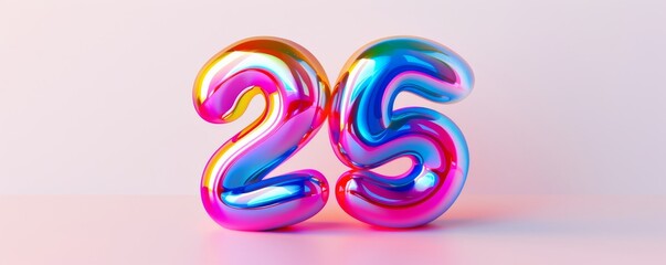 Colorful inflated number 25 on a pastel background, glossy and vibrant effect. Birthday celebration concept