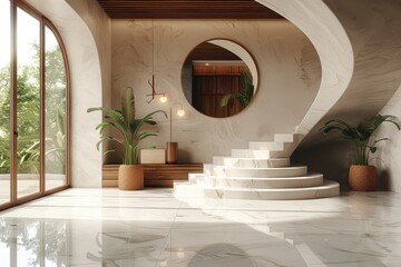3D Rendering of Modern Luxury Entrance Hall with Curved Staircase and Marble Flooring