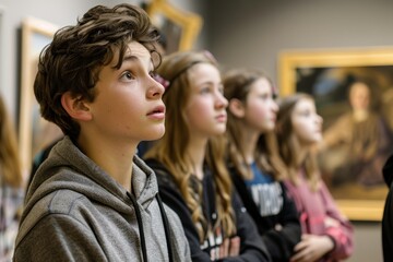 Obraz premium Students Engaged in Historical Art Gallery Tour Listening to Fascinating Stories of Artists and Their Works