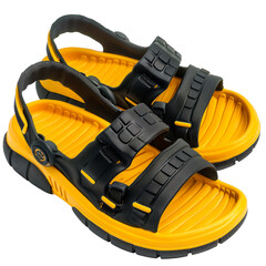 Black and yellow childrens sandals. Isolated on transparent background.