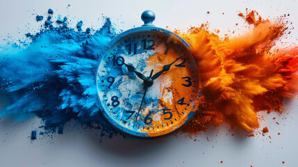 Alarm clock with exploding blue and orange powder, abstract photography. Concept of time and creativity