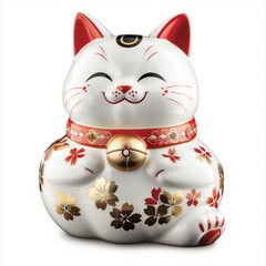 Medium shot of maneki-neko, isolated on a white background, bright and vivid tonality 