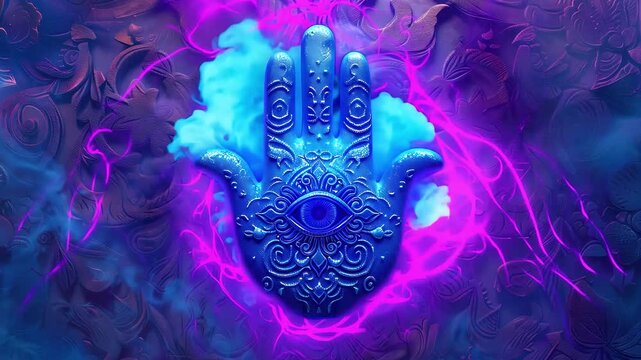 Neon Hamsa hand on blue and purple smoke background. Against Evil eye protection