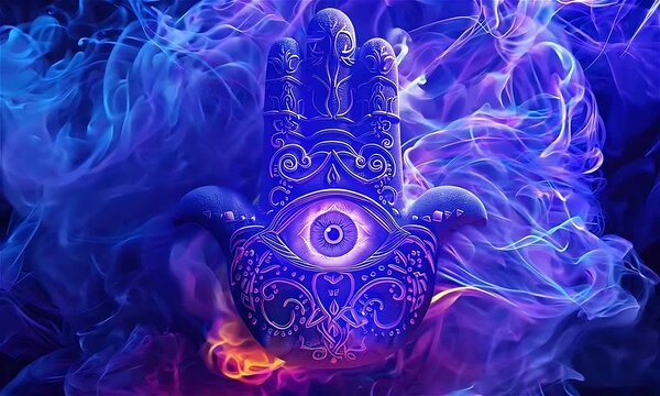 Neon Hamsa hand on blue and purple smoke background. Against Evil eye protection