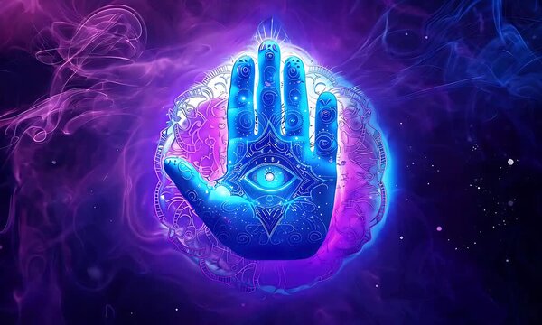 Neon Hamsa hand on blue and purple smoke background. Against Evil eye protection