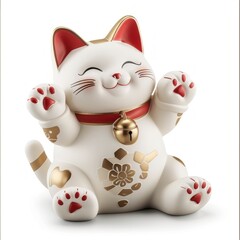 Medium shot of maneki-neko, isolated on a white background, bright and vivid tonality 
