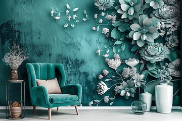 Hyper realistic abstract teal and white mural of spring flowers, cozy minimalistic luxurious living room with flowers in pots (generative ai) 3d, Generative AI