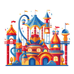 Obraz premium A vibrant and whimsical castle design featuring colorful towers, flags, and playful elements perfect for children's illustration.