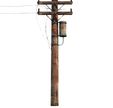 A rustic wooden utility pole standing tall, featuring electric wires and a transformer, symbolizing urban infrastructure.